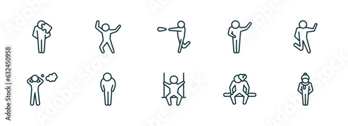 set of 10 linear icons from feelings concept. outline icons such as incomplete human, happy human, super human, free heartbroken cold vector
