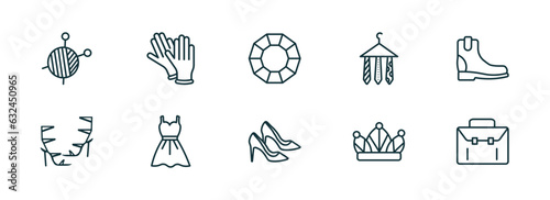 set of 10 linear icons from fashion concept. outline icons such as skein, pair of gloves, precious stone, heel, monarchy, closed briefcase vector