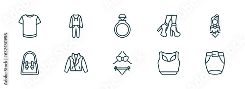 set of 10 linear icons from fashion concept. outline icons such as white t shirt, men tracksuit, fiance, women swimsuit, sportswear, short skirt vector