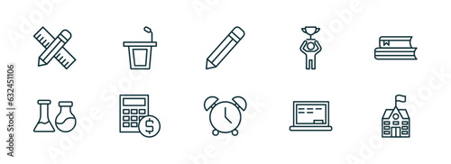set of 10 linear icons from education concept. outline icons such as school material, lectern, pen, alarm clock, chalkboard, school vector