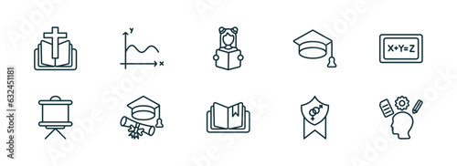 set of 10 linear icons from education concept. outline icons such as bible, sinusoid, reading book, book with marker, fraternity, intellectual vector