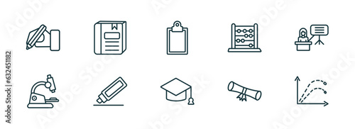 set of 10 linear icons from education concept. outline icons such as write by hand, closed book with marker, blank clipboard, graduation, diploma roll, ballistic vector