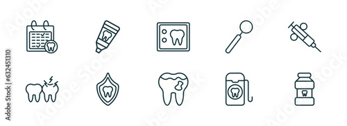 set of 10 linear icons from dentist concept. outline icons such as dental appointment, toothpaste tube, dental x ray, cavities, dental floss, mouth wash vector