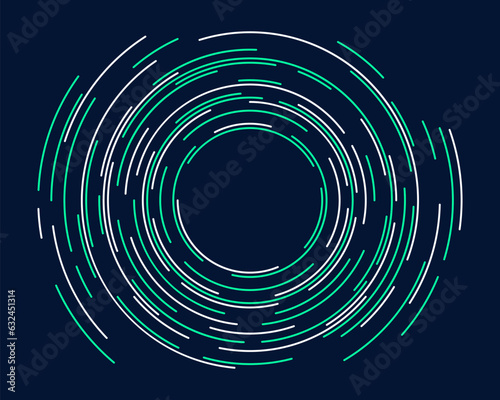 Concentric segments of circles. Lines following a circle path. Design element. Abstract geometric turquoise and white shapes isolated on blue background. Vector color illustration.