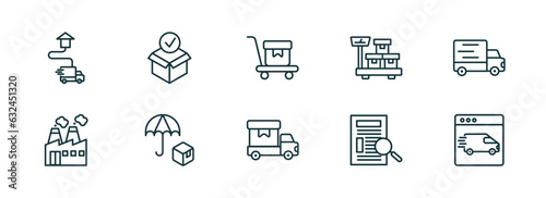set of 10 linear icons from delivery and logistic concept. outline icons such as delivery destination, package checking, delivery cart, cargo, waybill, by website vector