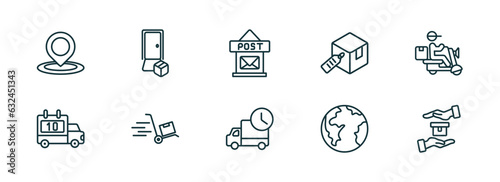 set of 10 linear icons from delivery and logistic concept. outline icons such as tracking, delivery door, post office, mind eraser drink, planet earth, delivery safety vector