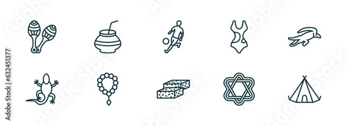 set of 10 linear icons from culture concept. outline icons such as maracas couple, kalabas, brazil soccer player, turron, israel star of david, native american wigwam vector