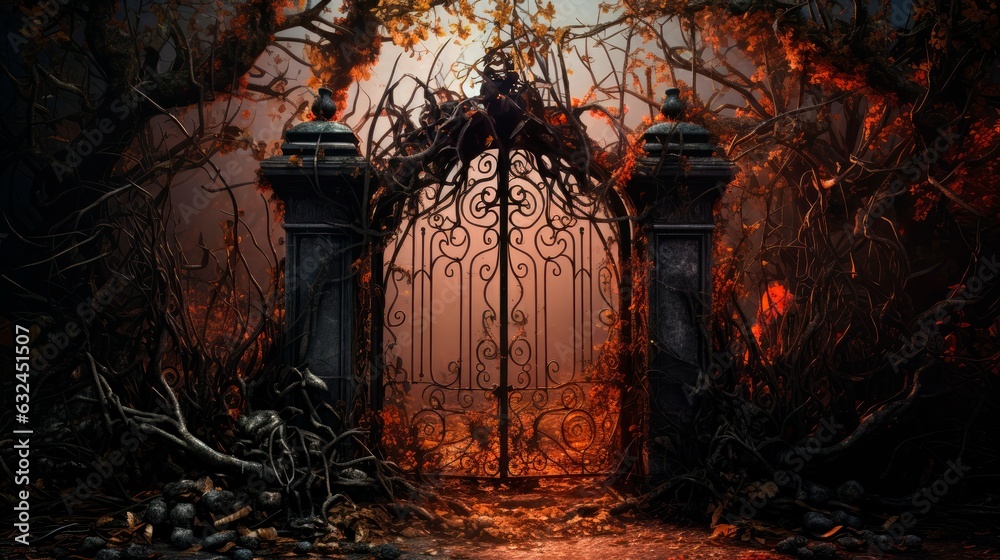 Rusty wrought iron gate surrounded by overgrown vines, creating a macabre atmosphere for Halloween. - obrazy, fototapety, plakaty 