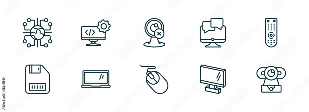 set of 10 linear icons from computer concept. outline icons such as information network, develope, webcam disconnected, computer mouse device, 3d screen, webcamera vector