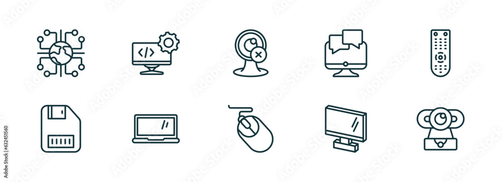 set of 10 linear icons from computer concept. outline icons such as information network, develope, webcam disconnected, computer mouse device, 3d screen, webcamera vector set of 10 linear icons from computer concept. outline icons such as information network, develope, webcam disconnected, computer mouse device, 3d screen, webcamera vector