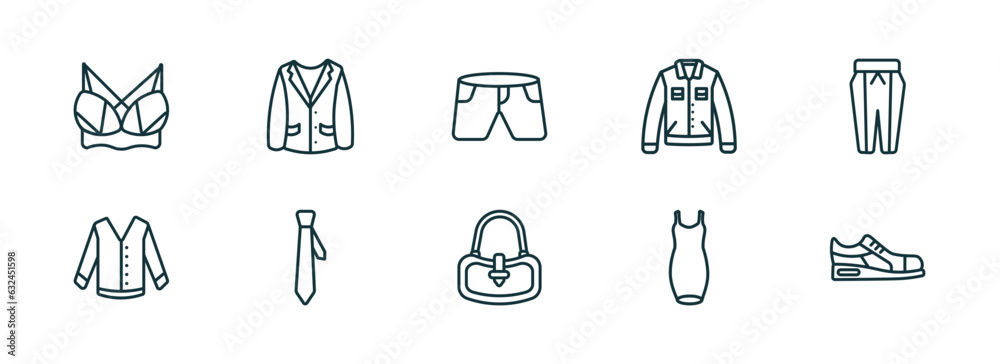 set of 10 linear icons from clothes concept. outline icons such as brassiere, oxford wave blazer, denim shorts, hobo bag, cocktail dress, sneaker vector set of 10 linear icons from clothes concept. outline icons such as brassiere, oxford wave blazer, denim shorts, hobo bag, cocktail dress, sneaker vector