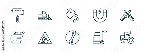 set of 10 linear icons from construction concept. outline icons such as roller and paint, bulldozer, paint bucket, round wrench, trolley with cargo, steamroller vector