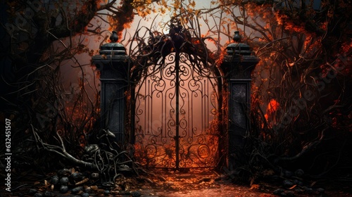 Rusty wrought iron gate surrounded by overgrown vines, creating a macabre atmosphere for Halloween.