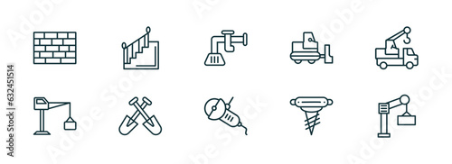 set of 10 linear icons from construction concept. outline icons such as brickwall, stairs with handle, adjusment system, angle grinder, pickaxes drilling, derrick with boxes vector