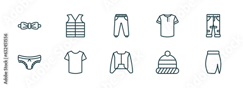 set of 10 linear icons from clothes concept. outline icons such as bow tie  padded vest  sweatpants  nylon jacket  knit hat with pom pom  slit skirt vector