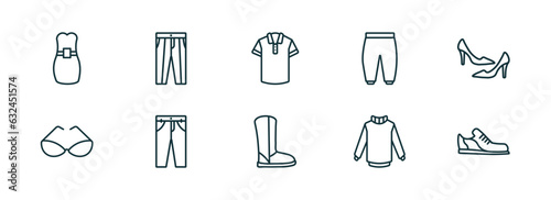 set of 10 linear icons from clothes concept. outline icons such as long bandeau dress, oxford wave suit pants, polo shirt, wool boots, turtleneck, shoes vector