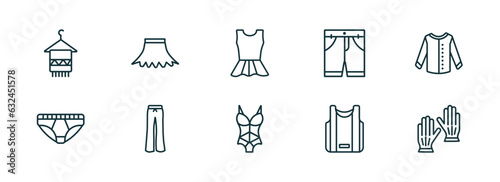 set of 10 linear icons from clothes concept. outline icons such as scarf on hanger, circle skirt, peplum top, lingerie, basketball jersey, leather gloves vector