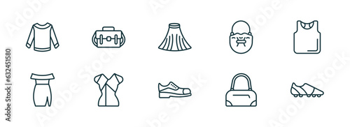 set of 10 linear icons from clothes concept. outline icons such as long sleeves t shirt, messenger bag, tulle skirt, leather shoes, barrel handbag, soccer shoe vector