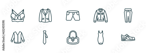 set of 10 linear icons from clothes concept. outline icons such as brassiere, oxford wave blazer, denim shorts, hobo bag, cocktail dress, sneaker vector