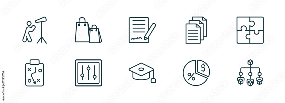 set of 10 linear icons from business concept. outline icons such as man looking, shopping bags, , graduation ceremony, pie chart with dollar, hierarchical order vector set of 10 linear icons from business concept. outline icons such as man looking, shopping bags, , graduation ceremony, pie chart with dollar, hierarchical order vector