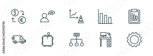 set of 10 linear icons from business concept. outline icons such as currency exchange, man talking, graphs, structure, work table, tool button vector