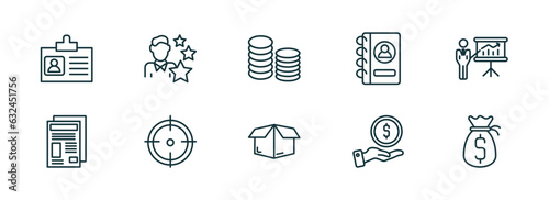 set of 10 linear icons from business concept. outline icons such as journalist id card, expert, stack of gold, empty box, give money, money sack vector