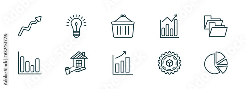 set of 10 linear icons from business concept. outline icons such as graphic arrow, round light bulb, supermarket bag, graphic progression, proof of work, pie graphic vector