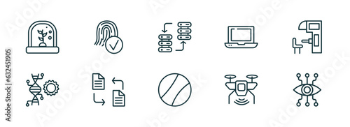 set of 10 linear icons from artificial intellegence concept. outline icons such as artificial atmosphere, biometrics, data transfer, ball, unmanned aerial vehicle, bionic eye vector