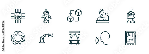 set of 10 linear icons from artificial intellegence concept. outline icons such as chip, robot assistant, replacement, high speed tube, voice recognition, mobile flexible display vector