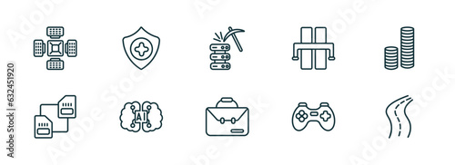 set of 10 linear icons from artificial intellegence concept. outline icons such as nano sensor, healthcare, data mining, business, gaming, road vector