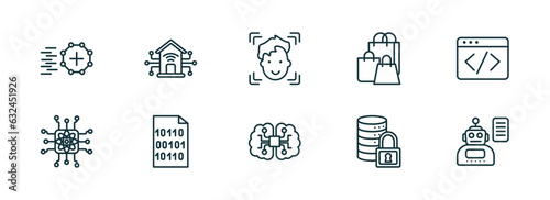 set of 10 linear icons from artificial intellegence concept. outline icons such as match moving, smart home, face recognition, ai brain, secure data, laws of robotics vector