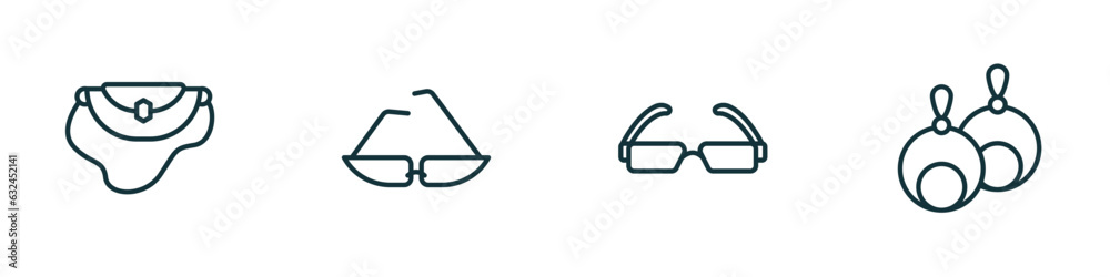 set of 4 linear icons from woman clothing concept. outline icons included handbag elegant, cat eyes glasses, rectangular eyeglasses, round earrings vector set of 4 linear icons from woman clothing concept. outline icons included handbag elegant, cat eyes glasses, rectangular eyeglasses, round earrings vector