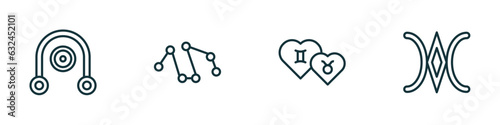 set of 4 linear icons from zodiac concept. outline icons included coagulation, projection, friendship, still vector