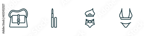 set of 4 linear icons from woman clothing concept. outline icons included female handbag, eyeliner pencils, bikini, string bikini vector