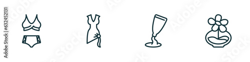 set of 4 linear icons from woman clothing concept. outline icons included swimsuit feminine, bow black, creme container black, stylish perfume bottle vector