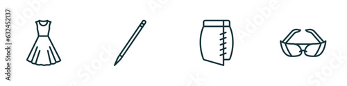 set of 4 linear icons from woman clothing concept. outline icons included vintage dress, eyes makeup pencils, skirt black short, glasses for eyes vector