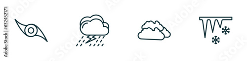 set of 4 linear icons from weather concept. outline icons included tropical storm, thunderstorm, clouds, icicle vector
