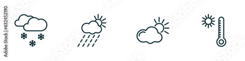 set of 4 linear icons from weather concept. outline icons included ice pellets, rainy day, daytime, hot vector
