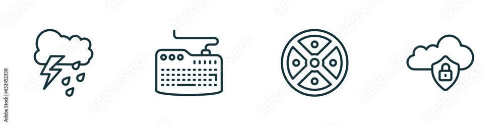 set of 4 linear icons from ultimate glyphicons concept. outline icons included rain cloud, computer keyboard, circle menu, internet security vector set of 4 linear icons from ultimate glyphicons concept. outline icons included rain cloud, computer keyboard, circle menu, internet security vector