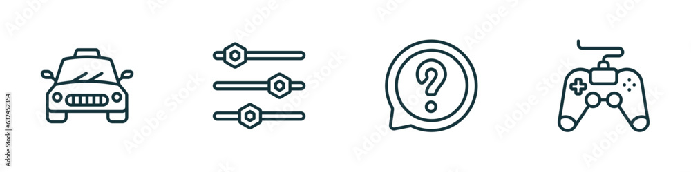 set of 4 linear icons from ultimate glyphicons concept. outline icons included taxi fron view, tings bars, question message, game controller cross vector set of 4 linear icons from ultimate glyphicons concept. outline icons included taxi fron view, tings bars, question message, game controller cross vector