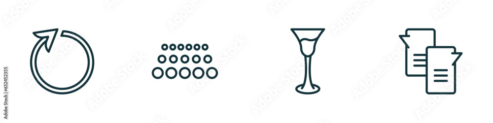 set of 4 linear icons from ultimate glyphicons concept. outline icons included reload arrow, big and small dots, cocktail glass, message ballon vector