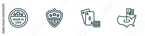set of 4 linear icons from united states of america concept. outline icons included made in usa, usa shield, casino, united states vector