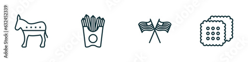 set of 4 linear icons from united states of america concept. outline icons included democrat, french fries, independence day, cracker vector