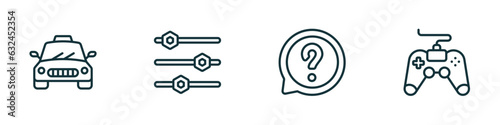 set of 4 linear icons from ultimate glyphicons concept. outline icons included taxi fron view, tings bars, question message, game controller cross vector