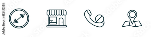 set of 4 linear icons from ultimate glyphicons concept. outline icons included circle sizes, groceries shop, phone blocked, big map placeholder vector