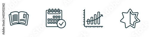 set of 4 linear icons from ultimate glyphicons concept. outline icons included reading, calendar checked, upload arrow with bar, empty star vector