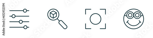 set of 4 linear icons from user interface concept. outline icons included adjustment, tracking, auto focus, nerd smile vector
