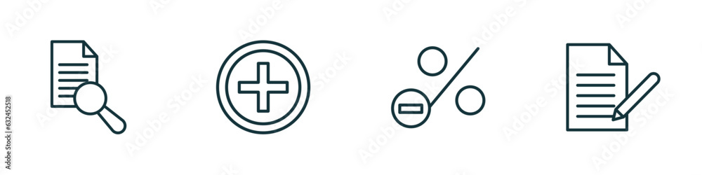 set of 4 linear icons from user interface concept. outline icons included search file, round add button, less percentage, written paper vector set of 4 linear icons from user interface concept. outline icons included search file, round add button, less percentage, written paper vector