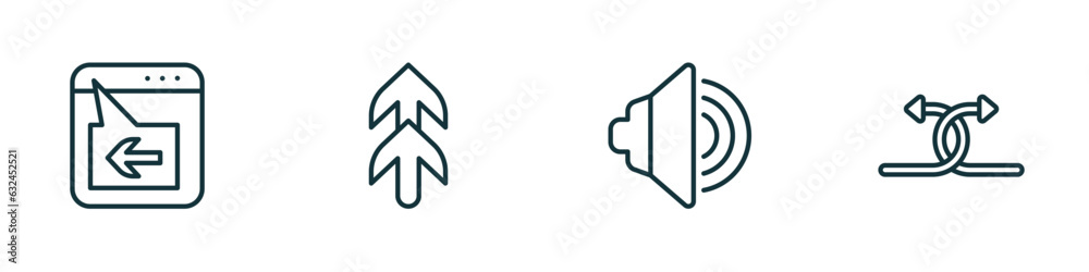 set of 4 linear icons from user interface concept. outline icons included window back button, top arrows, sound on, crossed arrows vector set of 4 linear icons from user interface concept. outline icons included window back button, top arrows, sound on, crossed arrows vector