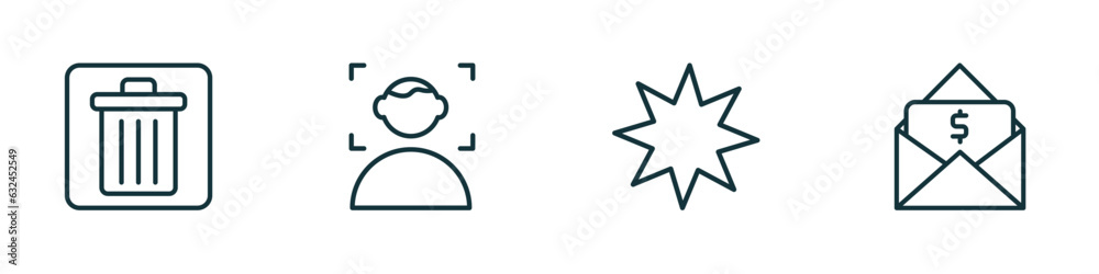 set of 4 linear icons from user interface concept. outline icons included delete bin, face detection, pointed star, dollars in a mail vector set of 4 linear icons from user interface concept. outline icons included delete bin, face detection, pointed star, dollars in a mail vector